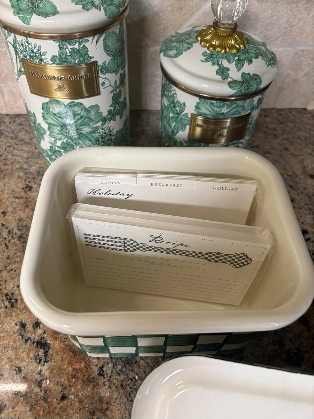 NEW! Mackenzie-Childs Emerald Check Recipe Box w/Recipe Cards
